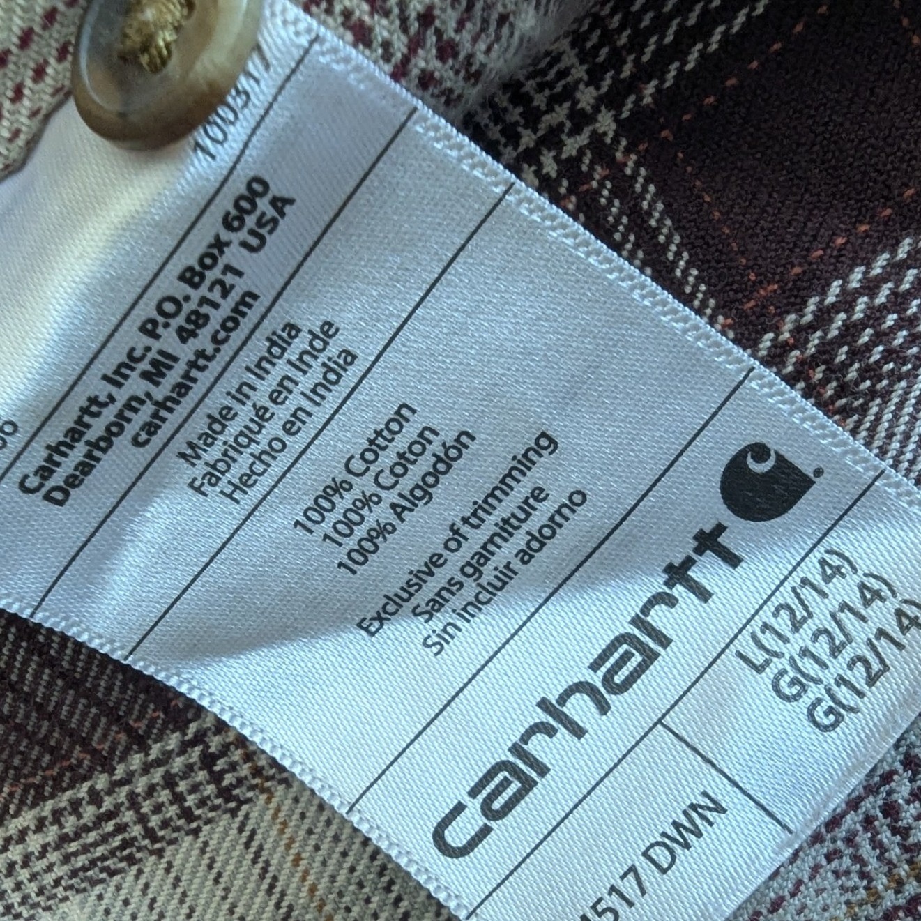 Carhartt Hooded Shirt Burgundy Plaid Button Up Womens L 12/14 Cabincore Casual — image 7 of 7